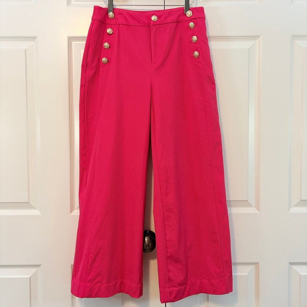 Charter Club Pink Wide Leg Sailor Pants Gold Button High Rise Womens 8